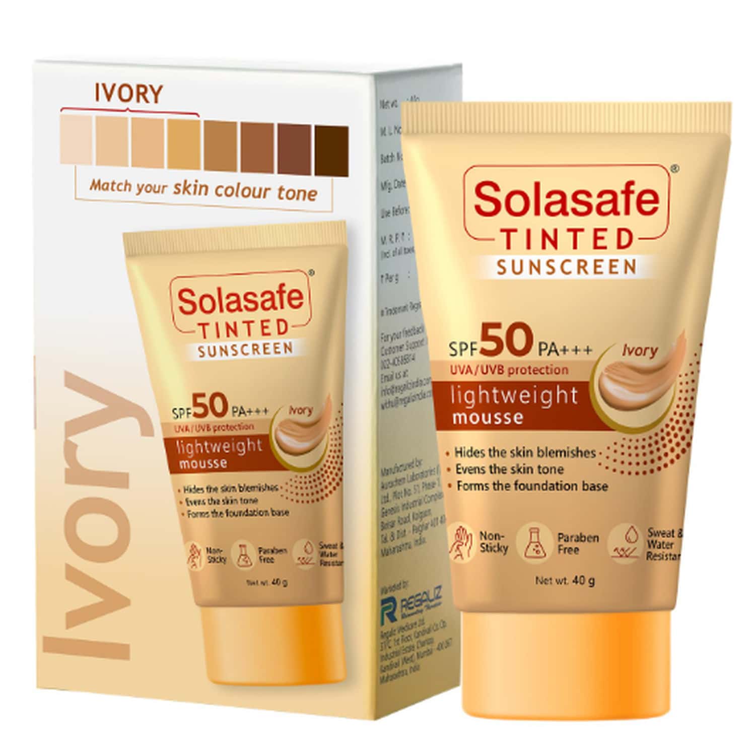 Solasafe Tinted Sunscreen Gel | Spf 50 | Lightweight Mousse Lvory 40 Gm