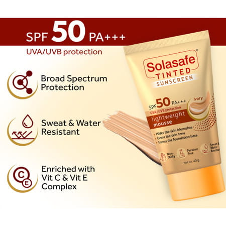 Solasafe Tinted Sunscreen Gel | Spf 50 | Lightweight Mousse Lvory 40 Gm