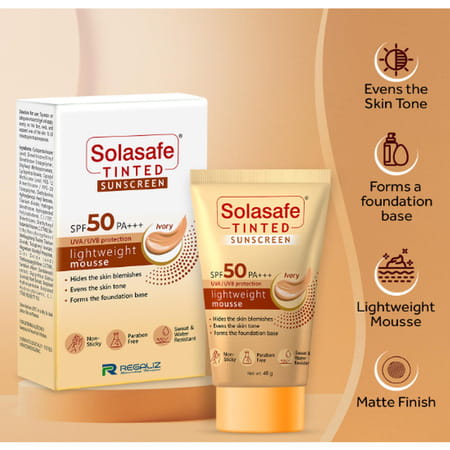 Solasafe Tinted Sunscreen Gel | Spf 50 | Lightweight Mousse Lvory 40 Gm