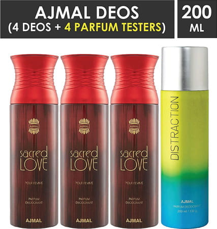 Ajmal 3 Sacred Love For Women & 1 Distraction For Men & Women Deodorants Each 200Ml Combo Pack Of 4