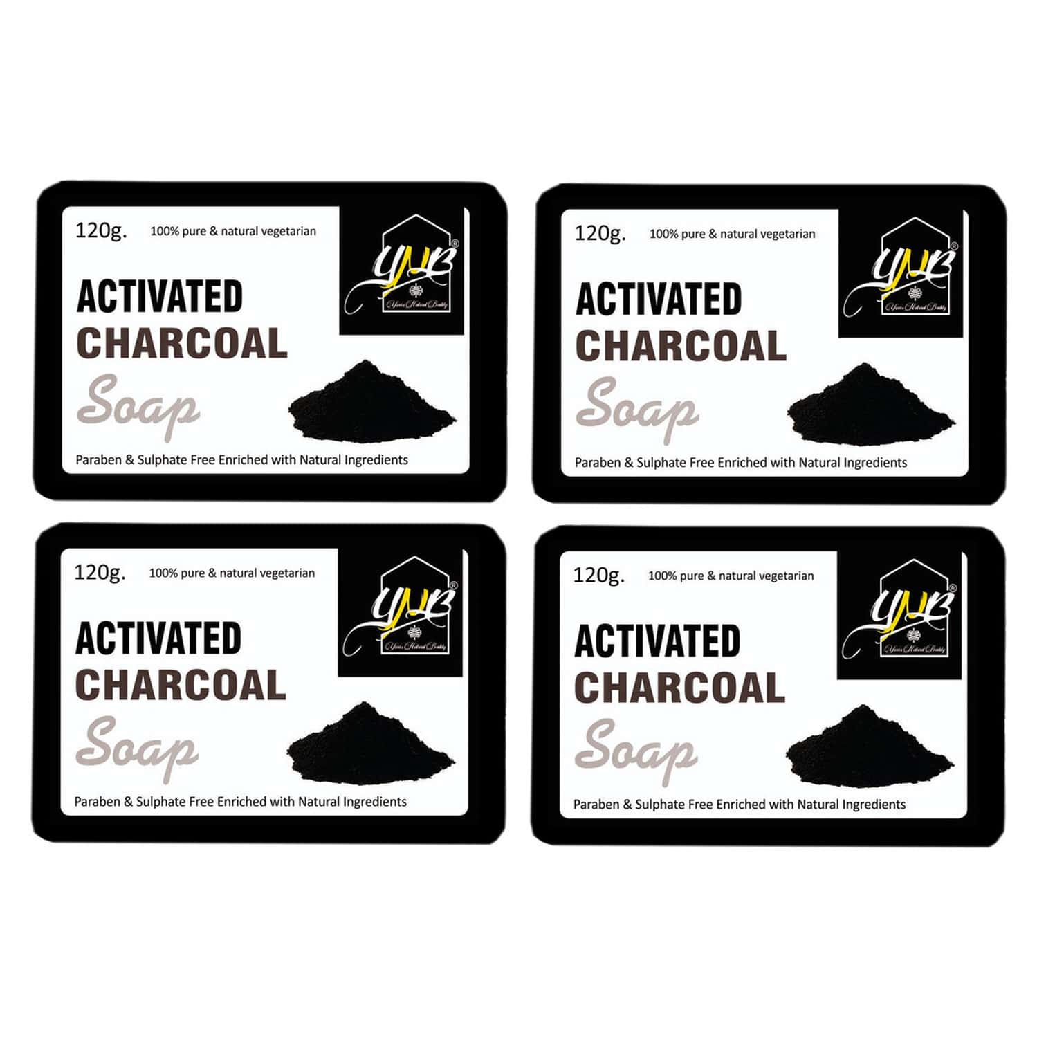 Ynb Yours Natural Buddy Organic Activated Charcoal Handmade Sls & Paraben Free Soap 120g (pack Of 4)