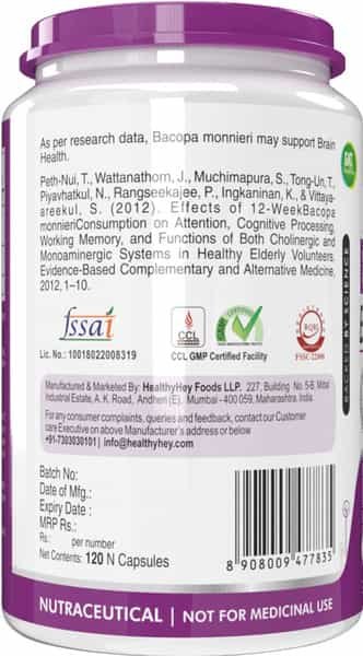 Healthyhey Nutrition Brahmi - Bacopa Monnieri - 120 Veg Capsules