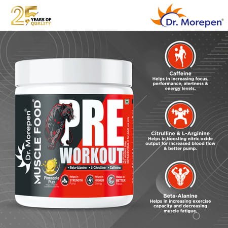 Dr. Morepen Pre Workout With L- Citrulline | Caffeine | Creatine Monohydrate - Pineapple