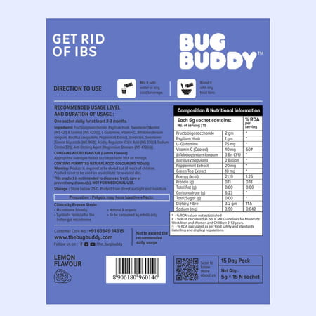 Bug Buddy Get Rid Of Ibs | Probiotic Ibs Medicine (5 Billion Cfu) | 15 Days Pack