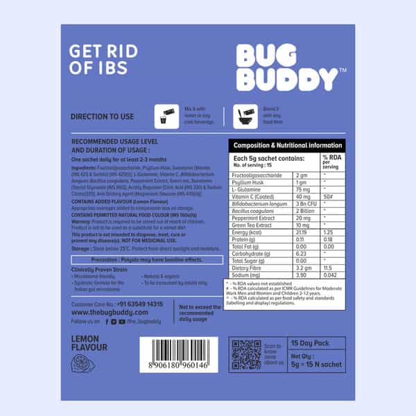 Bug Buddy Get Rid Of Ibs | Probiotic Ibs Medicine (5 Billion Cfu) | 15 Days Pack