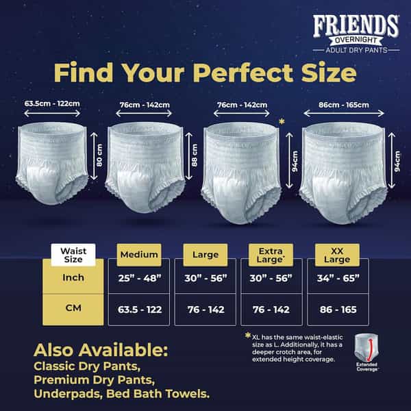 Friends Overnight Adult Dry Pants 10 Count (Xl) Waist 76-142 Cm(30-56 Inch)