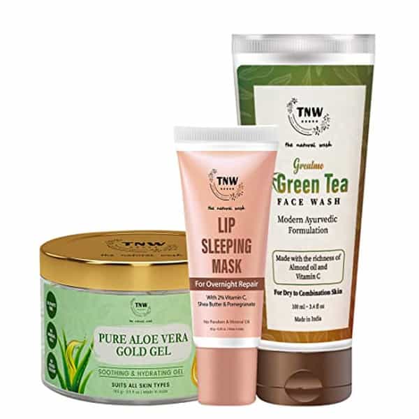 Tnw The Natural Wash Combo With Green Tea Face Wash | Pure Aloe Vera Gold Gel And Lip Sleeping Mask