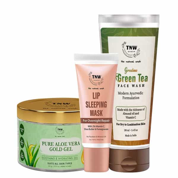 Tnw The Natural Wash Combo With Green Tea Face Wash | Pure Aloe Vera Gold Gel And Lip Sleeping Mask