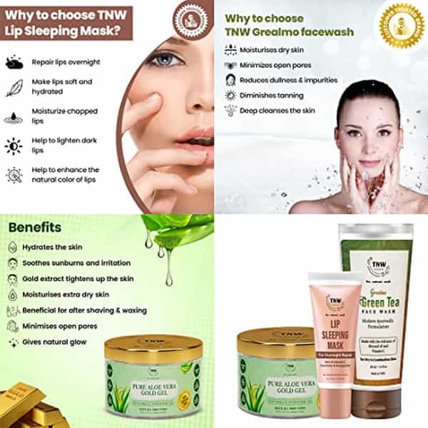 Tnw The Natural Wash Combo With Green Tea Face Wash | Pure Aloe Vera Gold Gel And Lip Sleeping Mask
