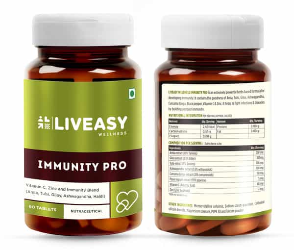 Liveasy Wellness Immunity Pro - Vitamin C & Zinc - With Herbal Immunity Blend - 60 Tablets