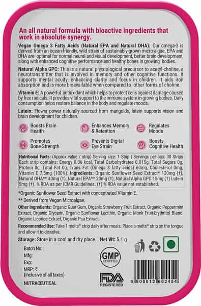 Wellbeing Nutrition Frozen Anna Melts - Kids Vegan Omega-3(Epa & Dha) - Strawberry Mint (30 Strips)