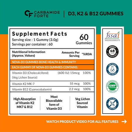 Carbamide Forte Vitamin D3 K2 B12 Gummies For Women Men & Kids-60 Gummies