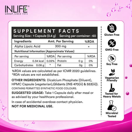 Inlife Alpha Lipoic Acid Ala Universal Antioxidant Supplement 300 Mg - 60 Vegetarian Capsules