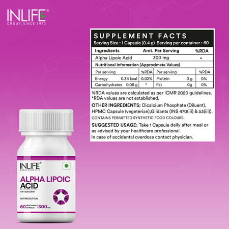 Inlife Alpha Lipoic Acid Ala Universal Antioxidant Supplement 300 Mg - 60 Vegetarian Capsules