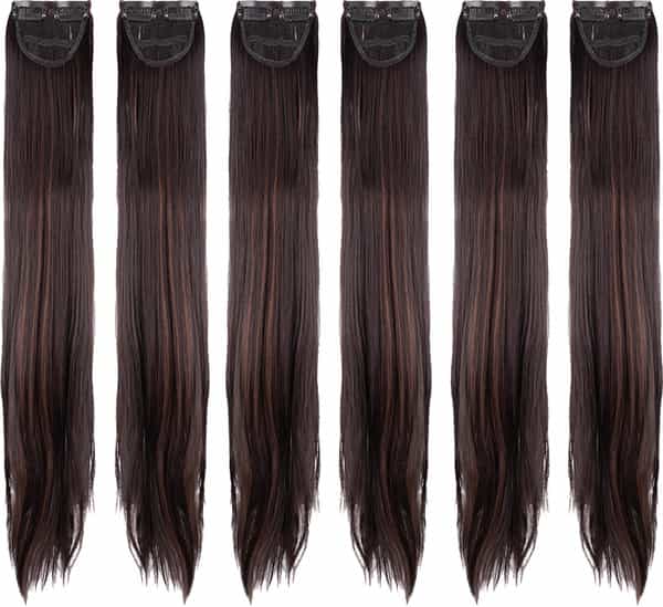 Streak Street Clip-In 24" Straight Dark Brown Side Patches With Copper Highlights (6Pcs Set)