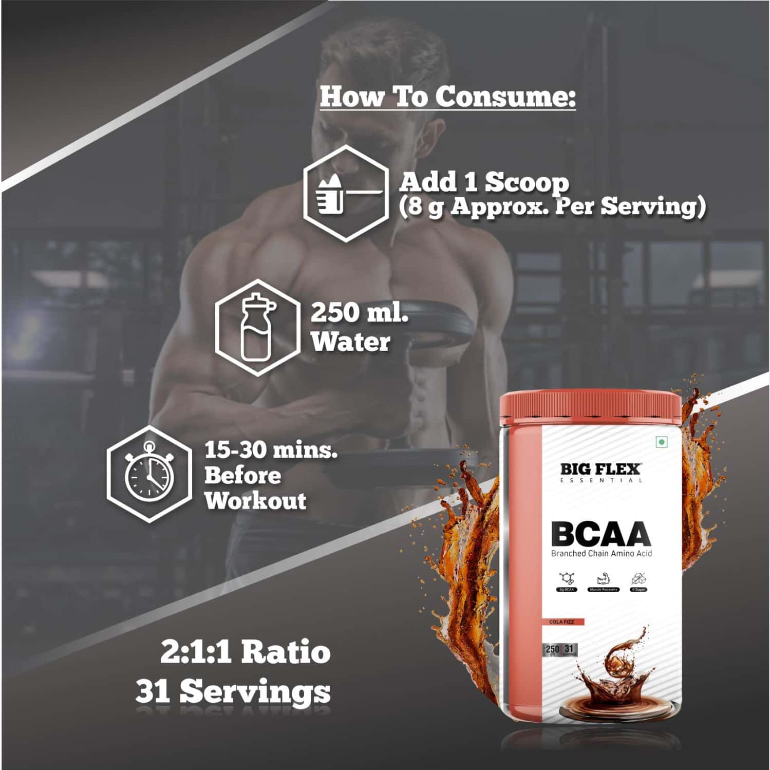 Buy BIGFLEX ESSENTIAL BCAA COLA FIZZ (250GM) JAR Online & Get Upto