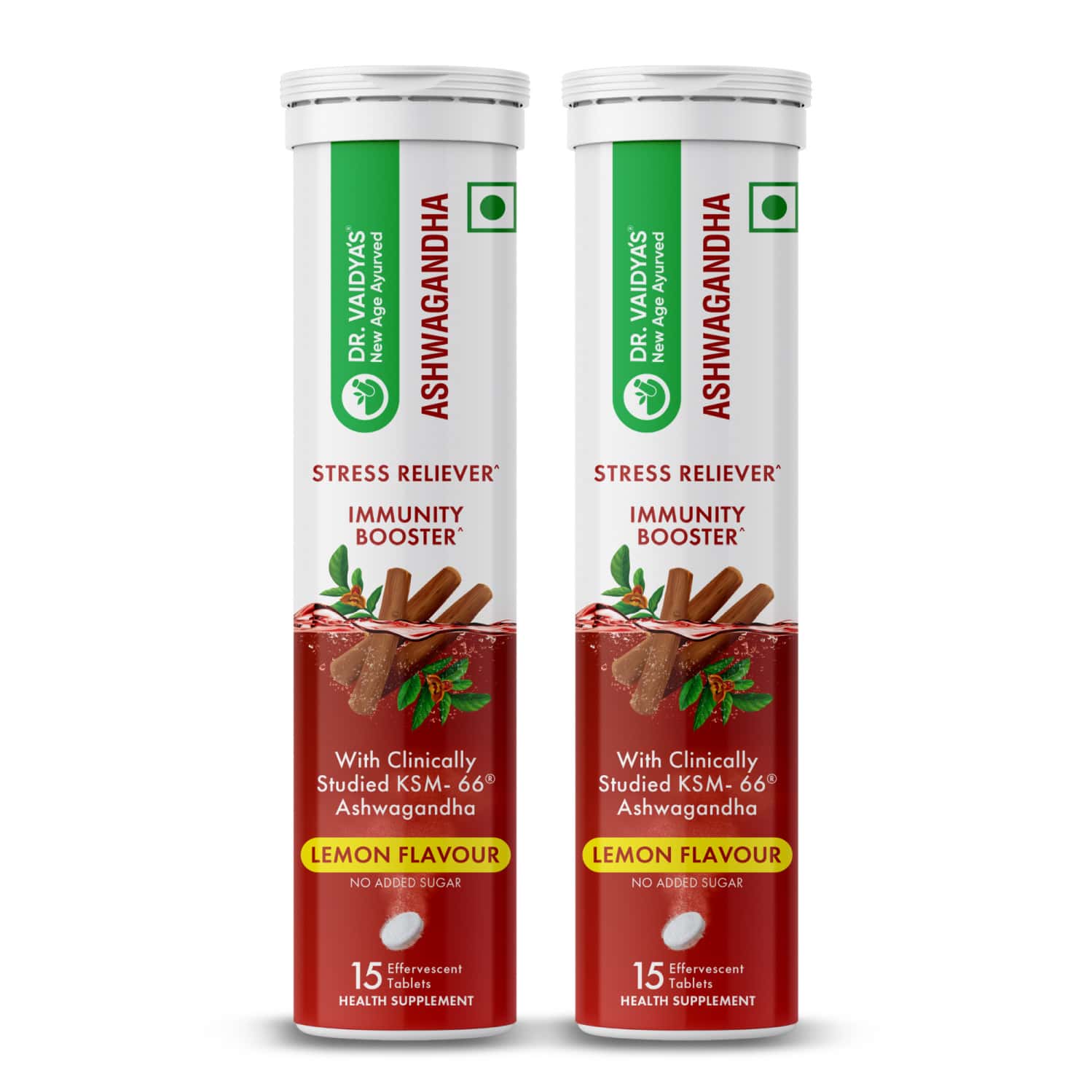 Dr. Vaidya'S Ashwagandha Effervescent Tablets | Ksm- 66 Ashwagandha | 15n (Pack Of 2) (Lemon)