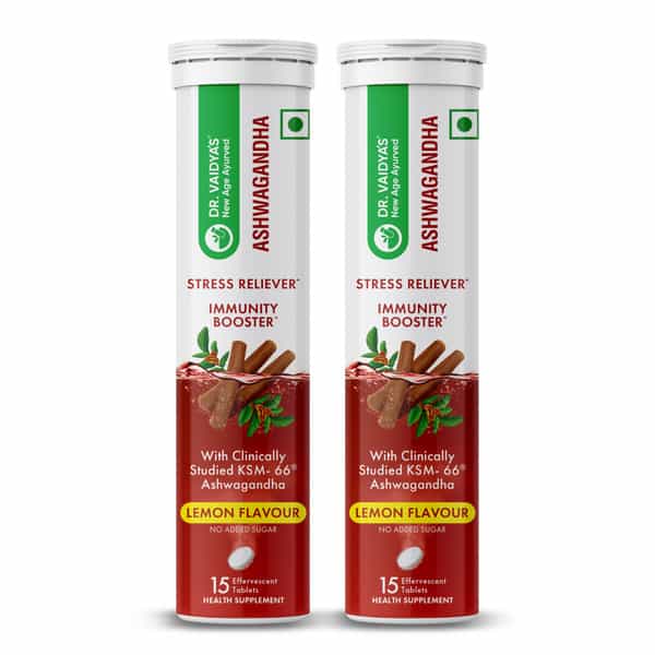 Dr. Vaidya's Ashwagandha Effervescent Tablets | Ksm- 66 Ashwagandha | 15N (Pack Of 2) (Lemon)