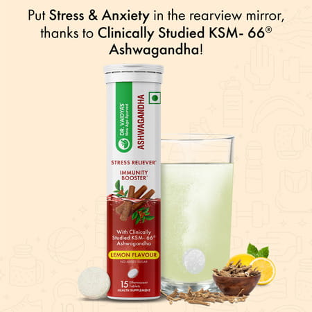 Dr. Vaidya'S Ashwagandha Effervescent Tablets | Ksm- 66 Ashwagandha | 15n (Pack Of 2) (Lemon)