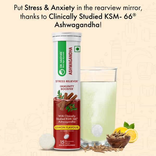 Dr. Vaidya's Ashwagandha Effervescent Tablets | Ksm- 66 Ashwagandha | 15N (Pack Of 2) (Lemon)