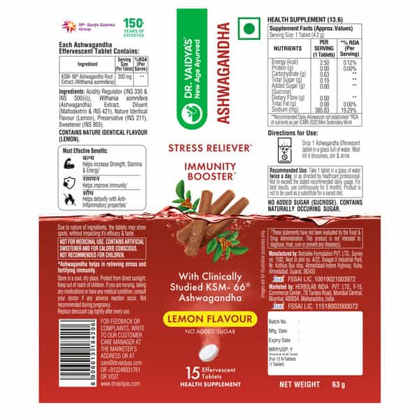 Dr. Vaidya's Ashwagandha Effervescent Tablets | Ksm- 66 Ashwagandha | 15N (Pack Of 2) (Lemon)