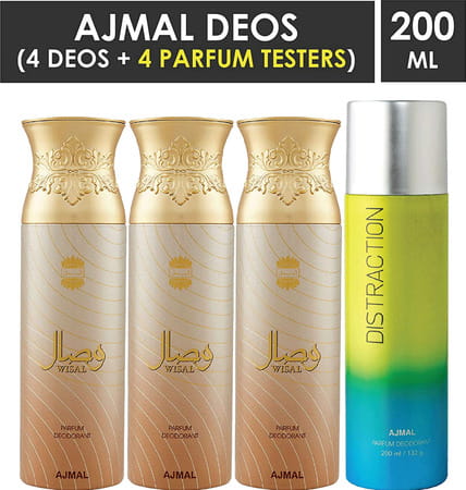 Ajmal 3 Wisal For Women And 1 Distraction For Men & Women Deodorants Each 200ml Combo Pack Of 4