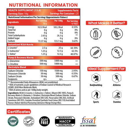 Naturyz Instantized Bcaa 5000 Pro With 5g Bcaas Glutamine For Lean Muscle - 250g(Mango Orange Mix)