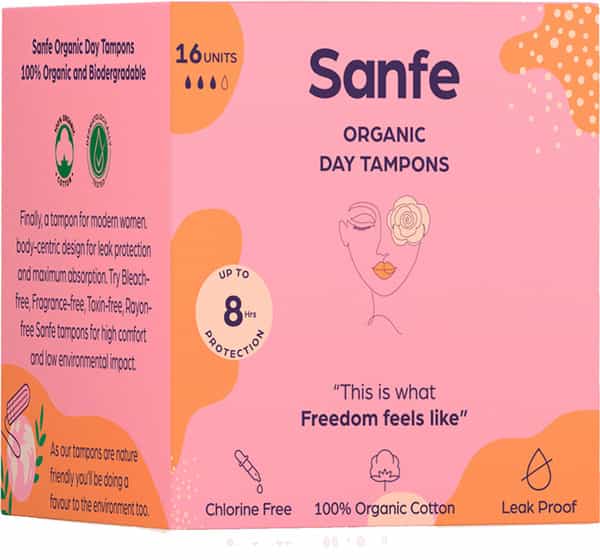 Sanfe 100% Organic Cotton Digital Tampons - Premium Design - Day Tampons (Pack Of 16)