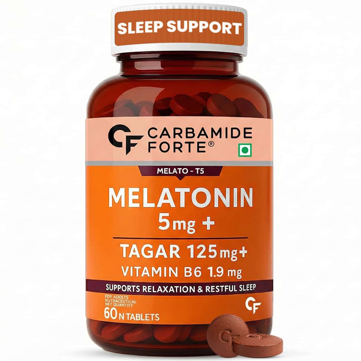 Carbamide Forte Melatonin 5mg Tablet - With Tagar & Vitamin B6 For Sleep | Restful Night - 60 Tab