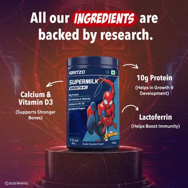 Gritzo Supermilk Growth+ Spiderman (7-12Y Boy)| 10G Protein Powder (Double Chocolate| 400G)