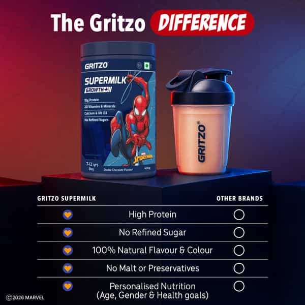 Gritzo Supermilk Growth+ Spiderman (7-12Y Boy)| 10G Protein Powder (Double Chocolate| 400G)