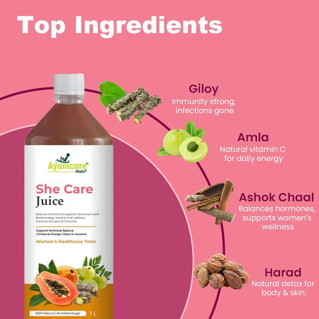 Ayumcure She Care Juice For Women | Supports Hormonal Balance Pcos/Pcod Relief & Regular Cycles - 1l