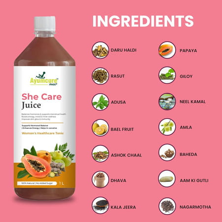 Ayumcure She Care Juice For Women | Supports Hormonal Balance Pcos/Pcod Relief & Regular Cycles - 1l