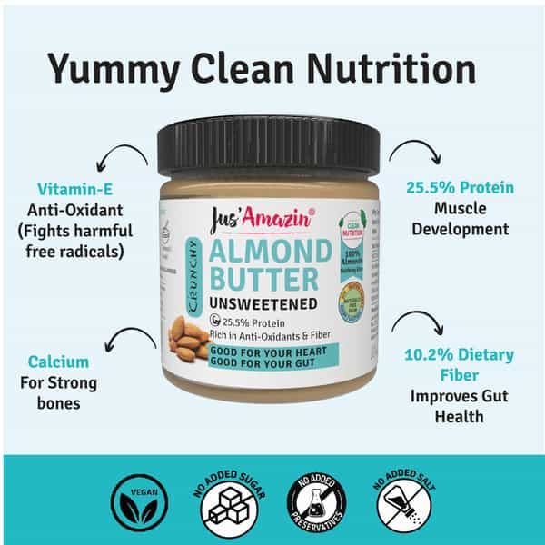 Jus Amazin Crunchy Almond Butter Unsweetened (200G) 25.5% Protein Vegan