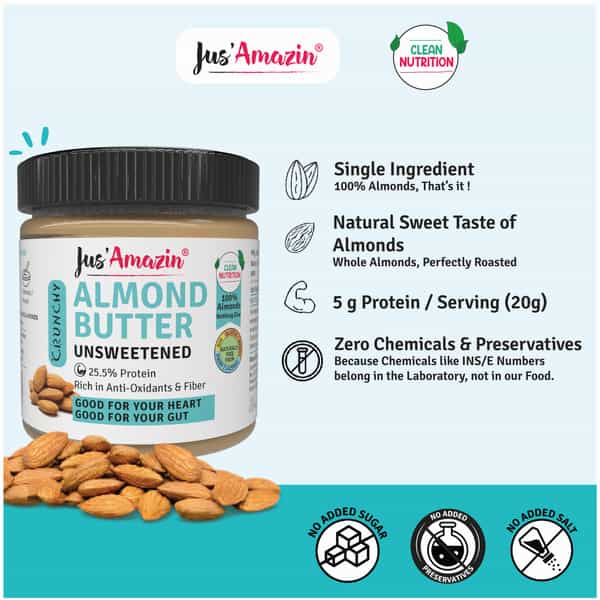 Jus Amazin Crunchy Almond Butter Unsweetened (200G) 25.5% Protein Vegan