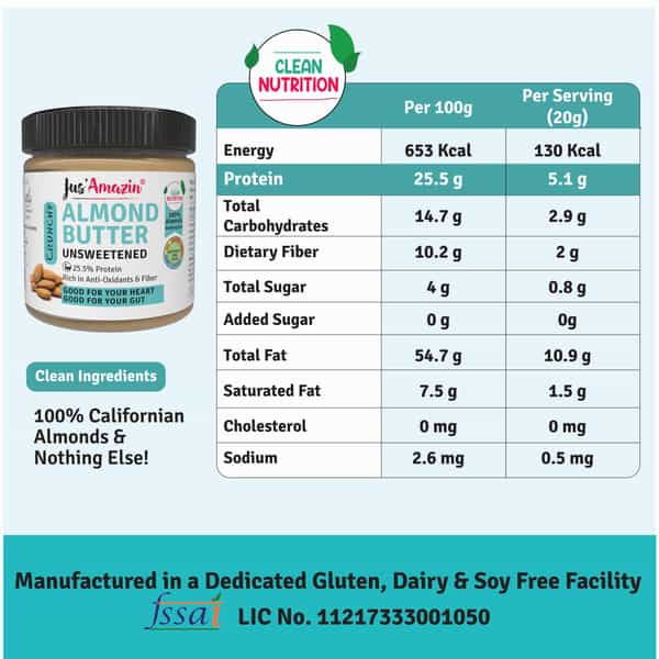 Jus Amazin Crunchy Almond Butter Unsweetened (200G) 25.5% Protein Vegan