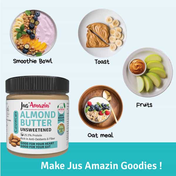Jus Amazin Crunchy Almond Butter Unsweetened (200G) 25.5% Protein Vegan