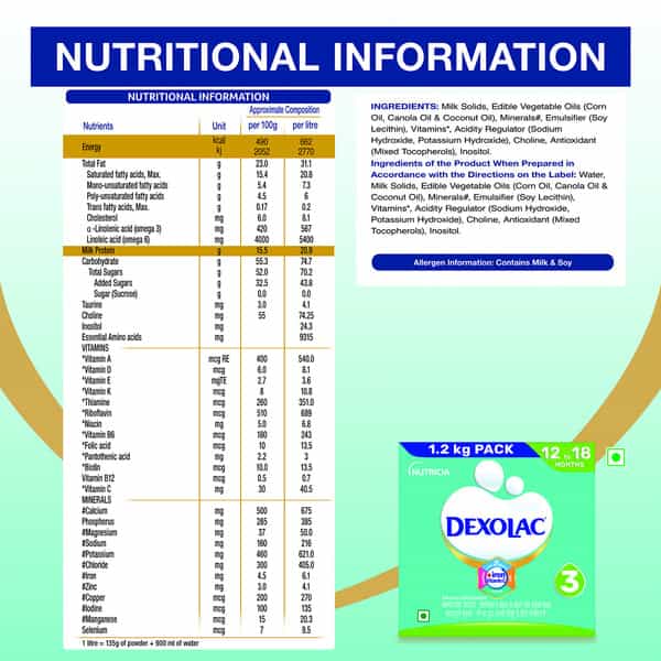 Dexolac 3 | Folow Up Formula | 12 To 18 Month | Powder | Box 1.2 Kg