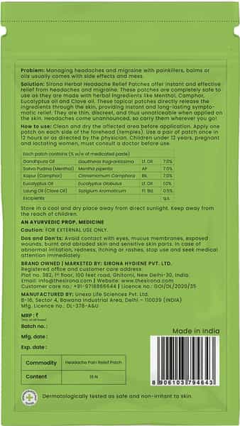 Sirona Herbal Pain Relief Patches - Pack Of 16 Patches