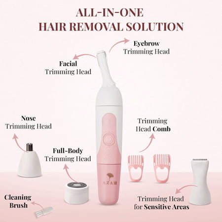 Azah 6-In-1 Face & Body Hair Trimmer For Women | Rechargeable | Washable Heads|2 Length Settings