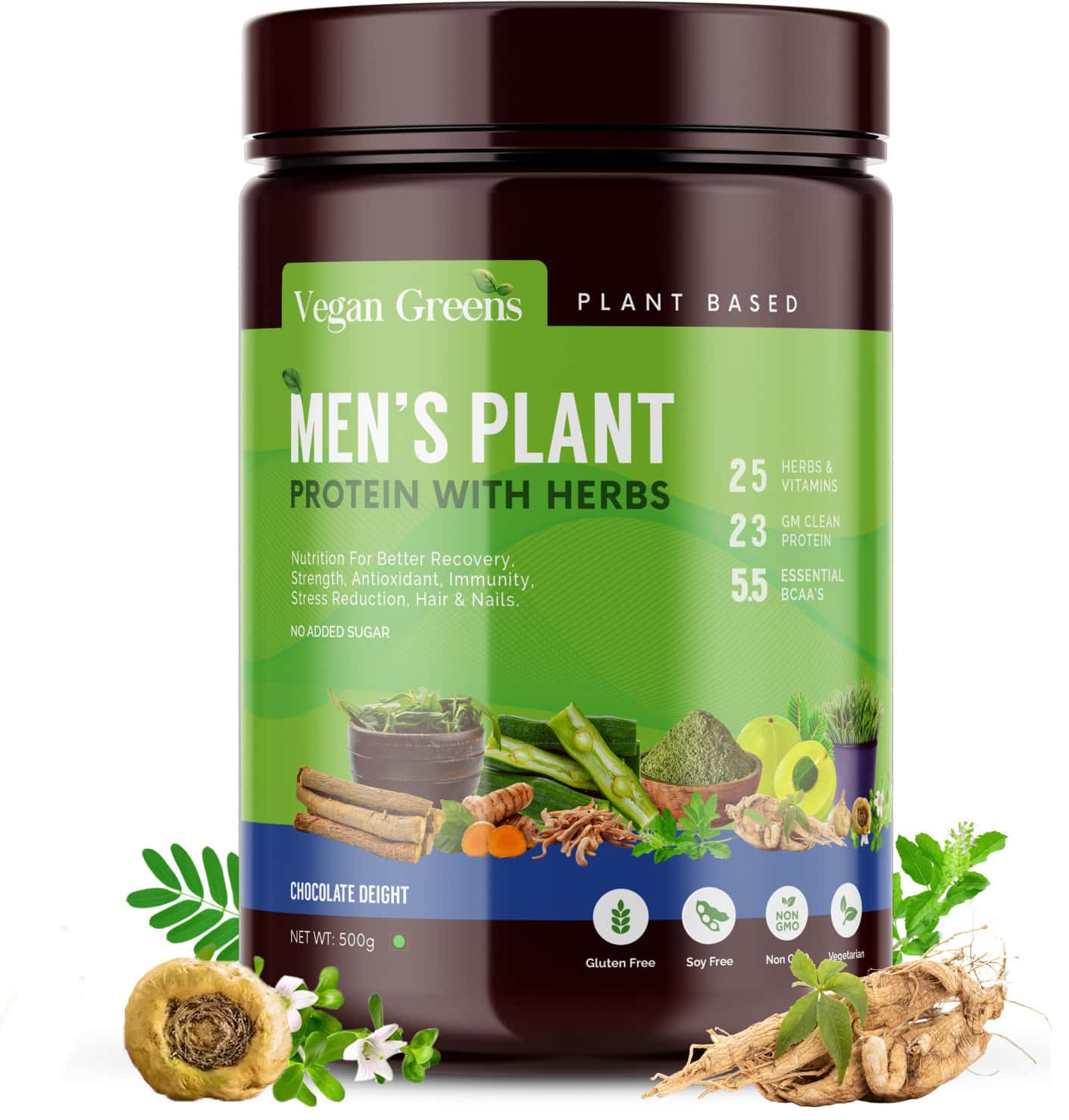 Vegan Greens Clean Men Plant Protein With Ayurvedic Herbs Vitamins Mineral 500g | Chocolate Delight