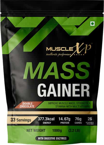 Musclexp Mass Gainer - With 26 Vitamins And Minerals Double Chocolate 1Kg Pouch + Shaker
