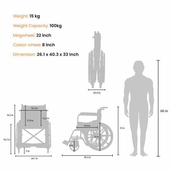 Arcatron Mobility Foldable Wheelchair With Sturdy X-Frame Easy Folding Mechanism | Steel Chassis