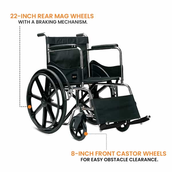 Arcatron Mobility Foldable Wheelchair With Sturdy X-Frame Easy Folding Mechanism | Steel Chassis
