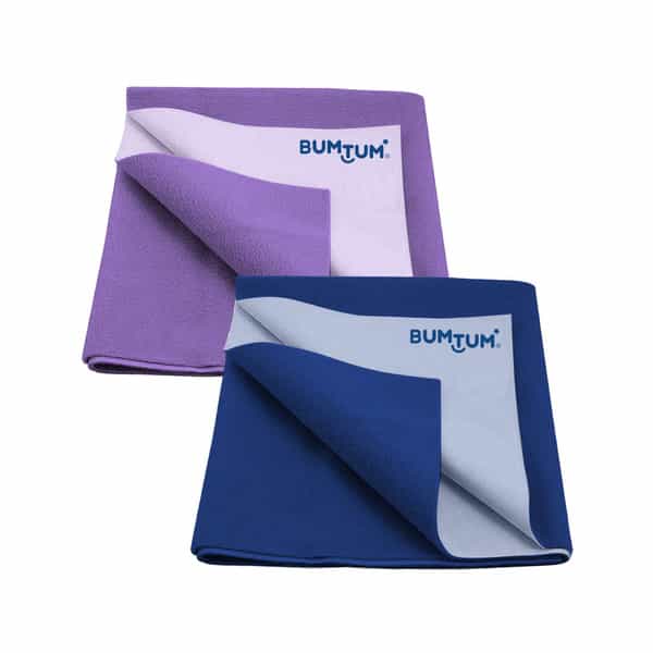 Bumtum Dry Sheet Leakproof Baby Bed Protector (Lilac + Royal Blue Medium Size 100*70Cm|Pack Of 2)