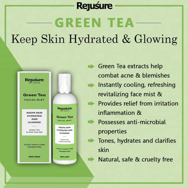 Rejusure Green Tea Face Mist Toner Keeps Skin Hydrated Glowing - 100 Ml