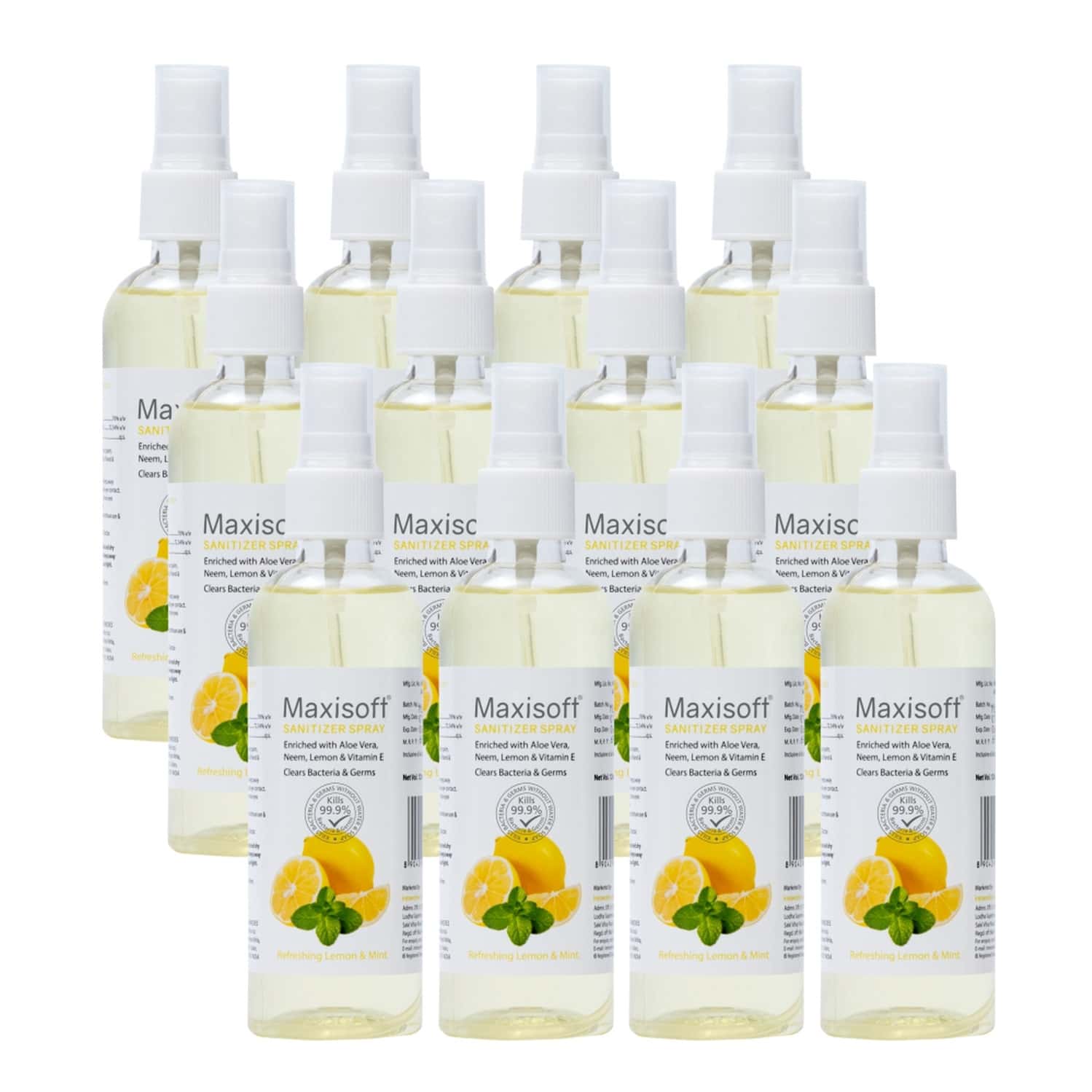 Maxisoft Refreshing Lemon & Mint Sanitizer Spray | Aloe Vera Neem & Vitamin E (120 Ml Pack Of 12)