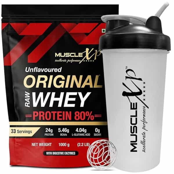 Musclexp Raw Whey Protein Concentrate 80% Powder With Digestive Enzymes 1Kg (2.2Lb) + Shaker