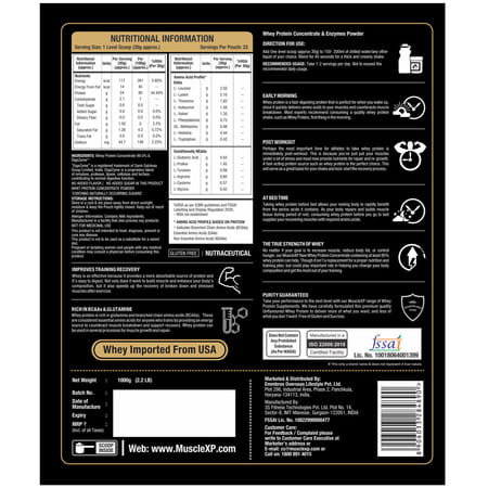 Musclexp Raw Whey Protein Concentrate 80% Powder With Digestive Enzymes 1kg (2.2lb) + Shaker