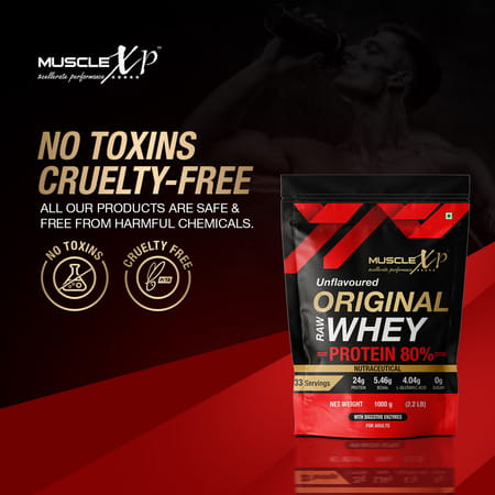 Musclexp Raw Whey Protein Concentrate 80% Powder With Digestive Enzymes 1kg (2.2lb) + Shaker